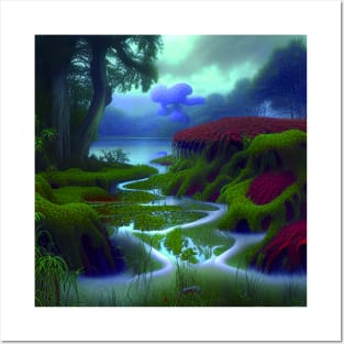 Beautiful River Under Mountains with Plants, Scenery Nature Posters and Art